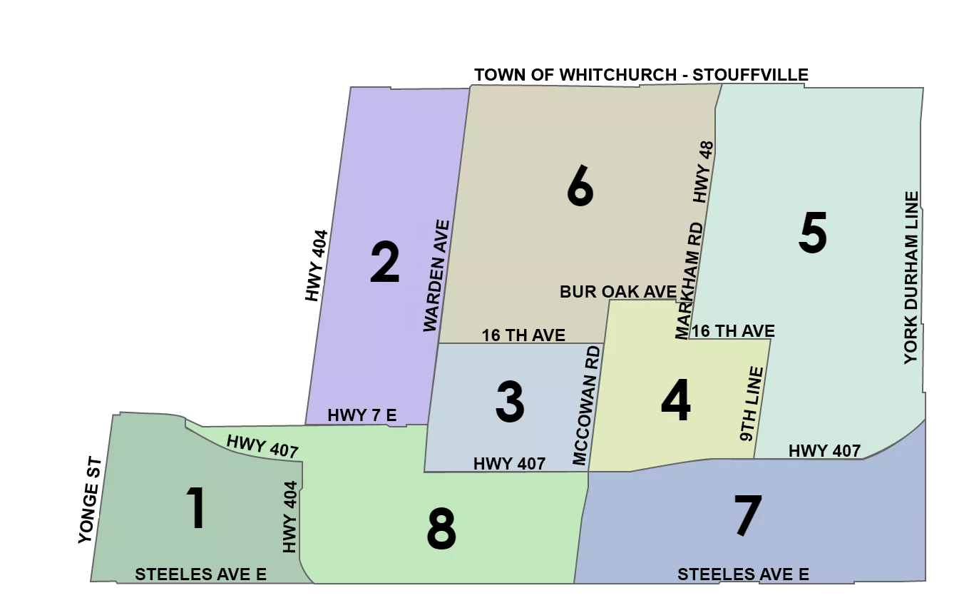 City of Markham Ward Map indicating each Ward 1 through 8 with large black numbers. Each Ward is represented in different colours.