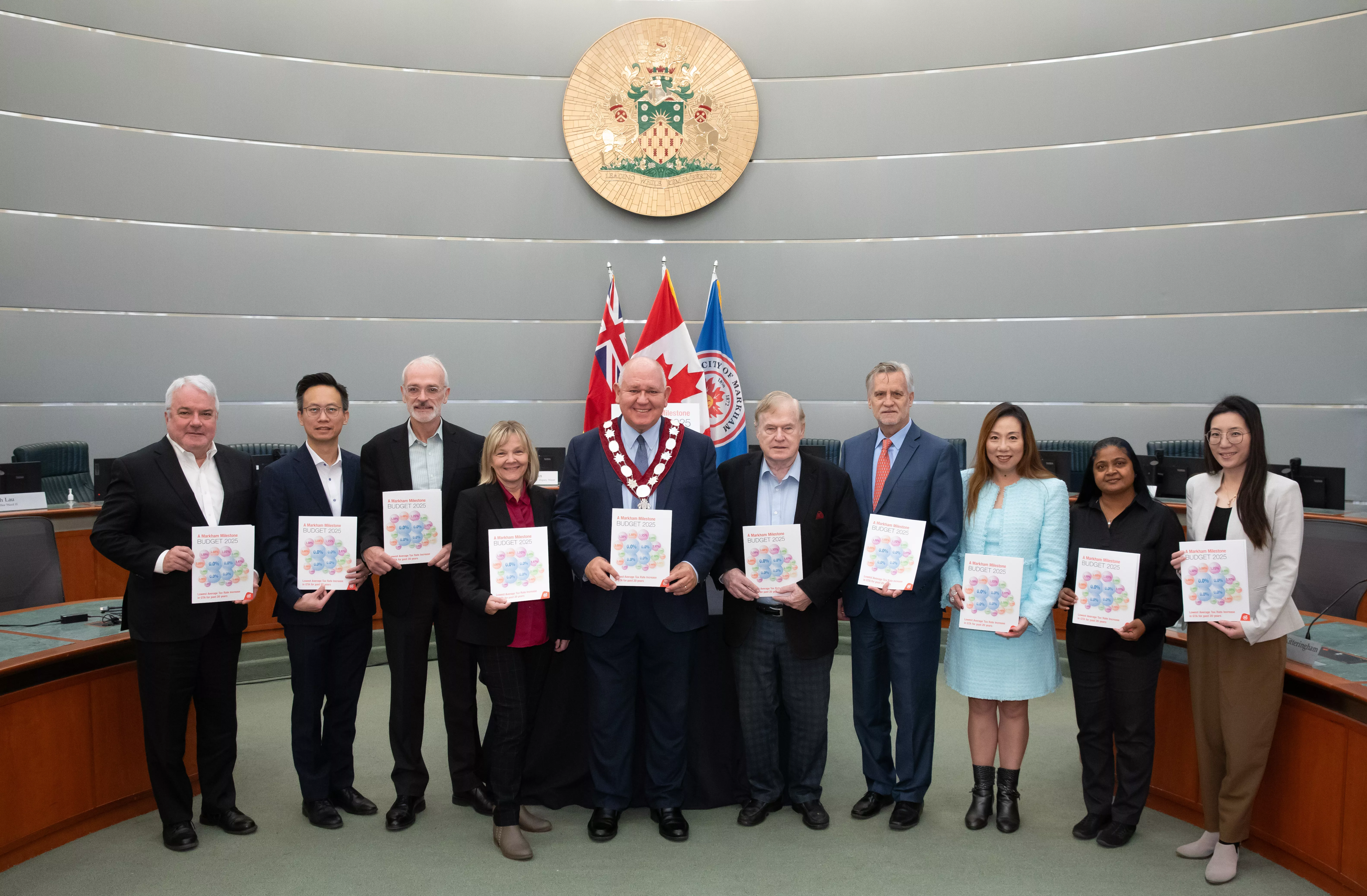 Mayor Frank Scarpitti and members of Markham Council on October 28, 2024. (from left to right: Ward 1 Councillor Keith Irish; Ward 2 Councillor Ritch Lau; Ward 3 Councillor Reid McAlpine; Ward 4 Councillor Karen Rea; Mayor Frank Scarpitti; Regional Councillor Jim Jones; Ward 5 Councillor Andrew Keyes; Ward 6 Councillor Amanda Yeung Collucci; Ward 7 Councillor Juanita Nathan; Ward 8 Councillor Isa Lee)