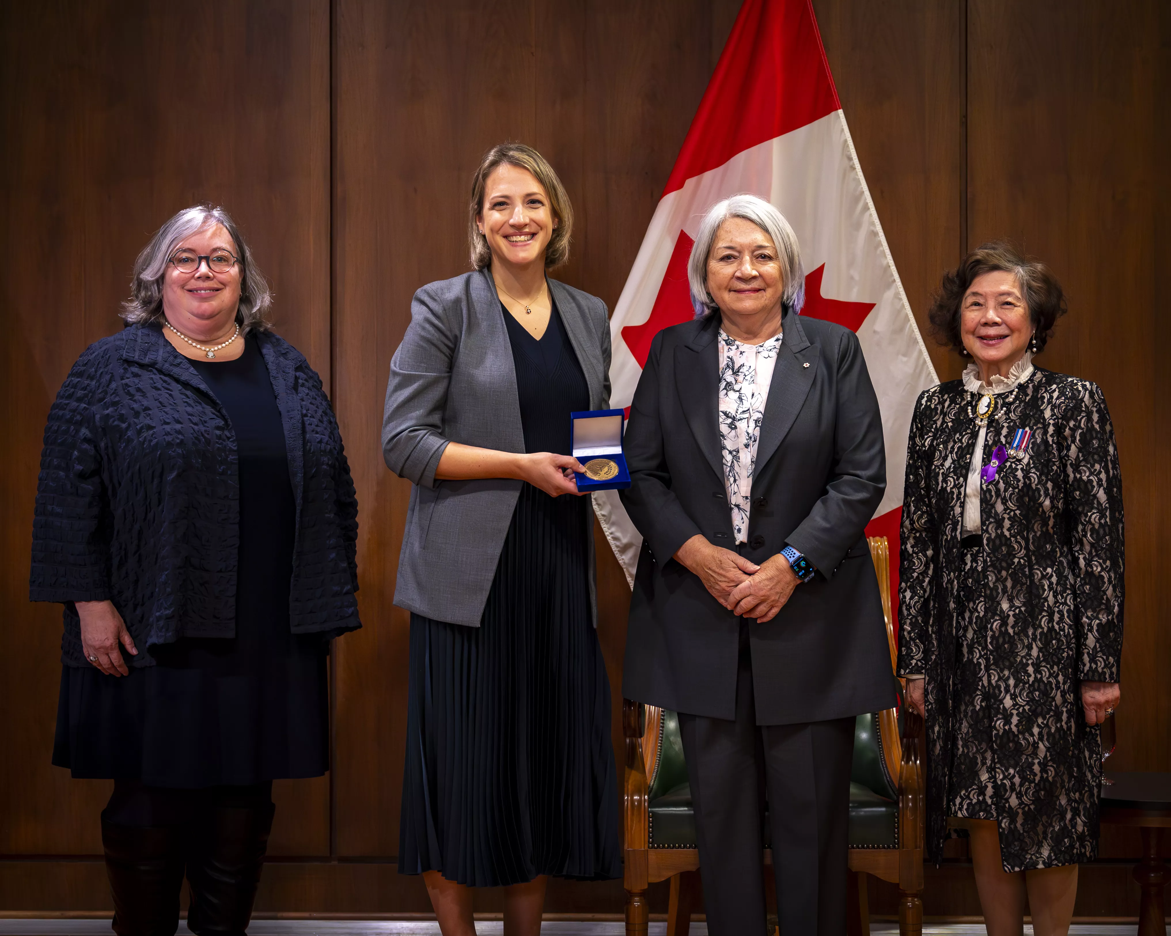 Pictured receiving the award are Janet Reid (Curator, Markham Museum), Rebekah Mitchell (Curator, YRDSB Museum & Archives), Her Excellency the Right Honourable Mary Simon (Governor General of Canada), and Nancy Siew (Founder, Tribute to Early Chinese Immigrants) at the official award ceremony in Winnipeg, Manitoba in November.